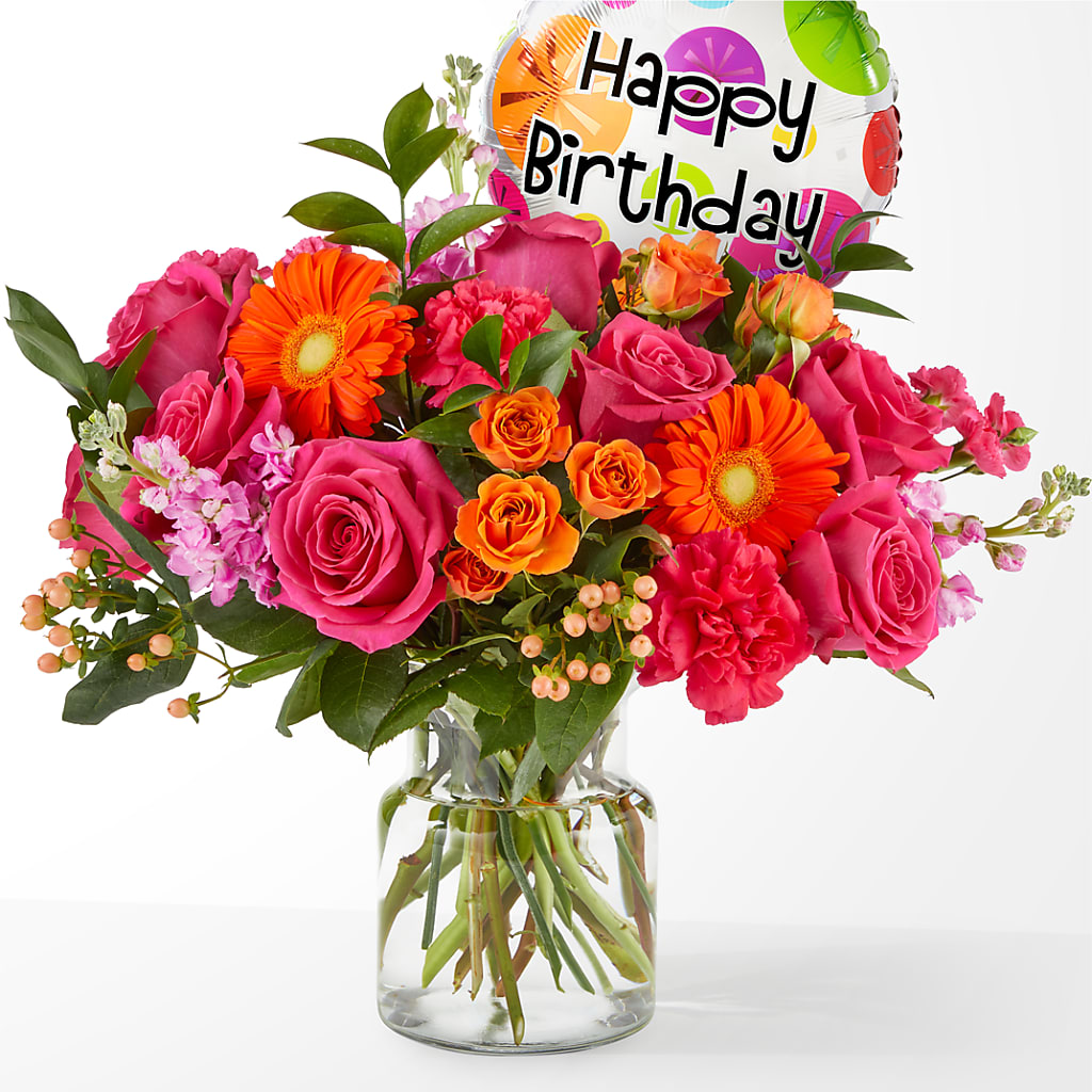 Fiesta Bouquet with Birthday Balloon – POTTING BENCH FLORIST & GIFTS, Fairhaven MA