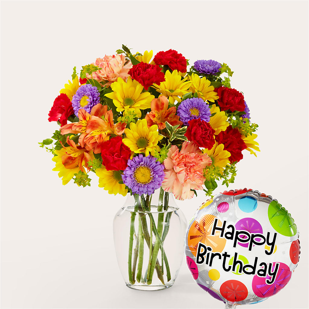 Kaleidoscope Bouquet with Birthday Balloon – POTTING BENCH FLORIST & GIFTS, Fairhaven MA