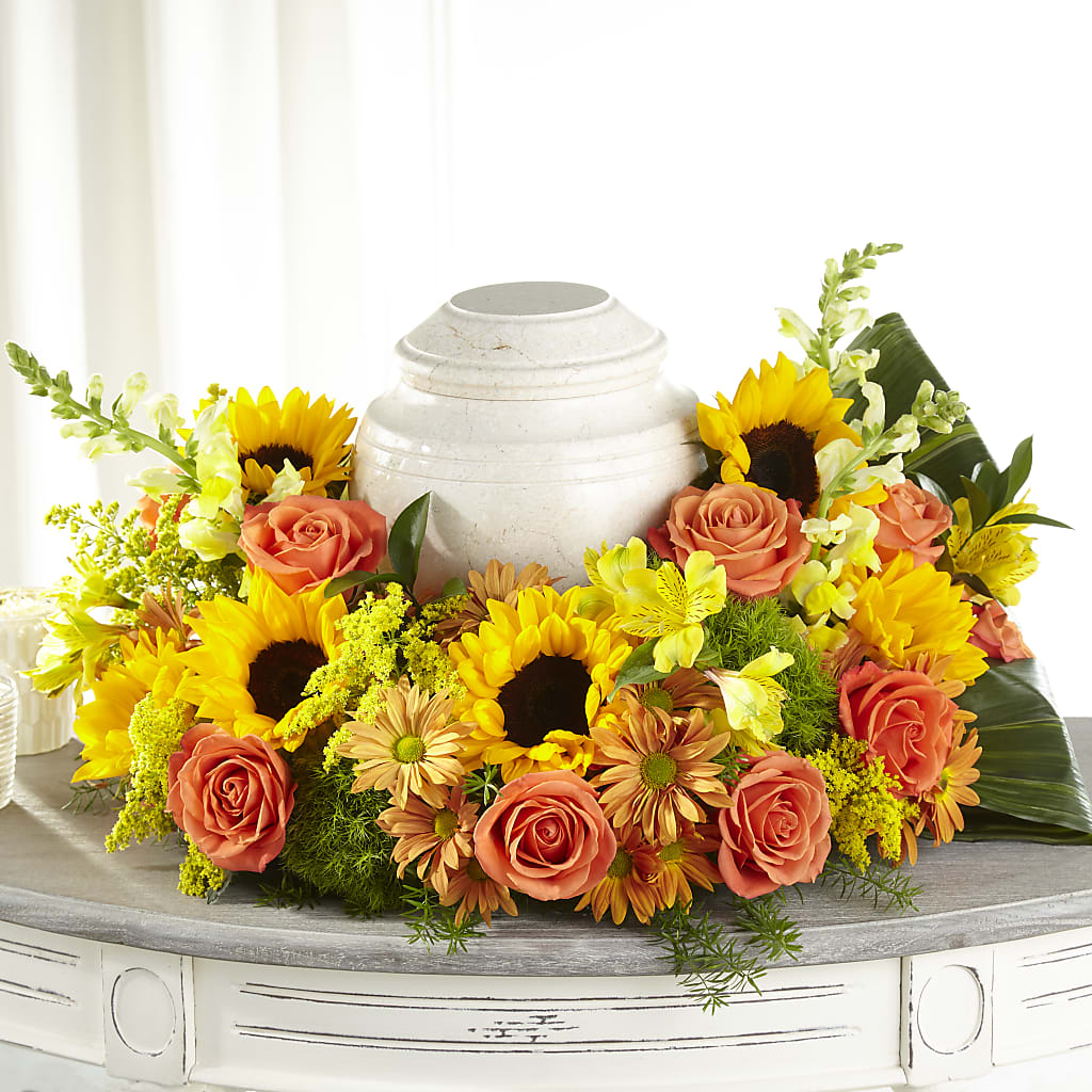 Faithful Sunflower Cremation Adornment – POTTING BENCH FLORIST & GIFTS, Fairhaven MA