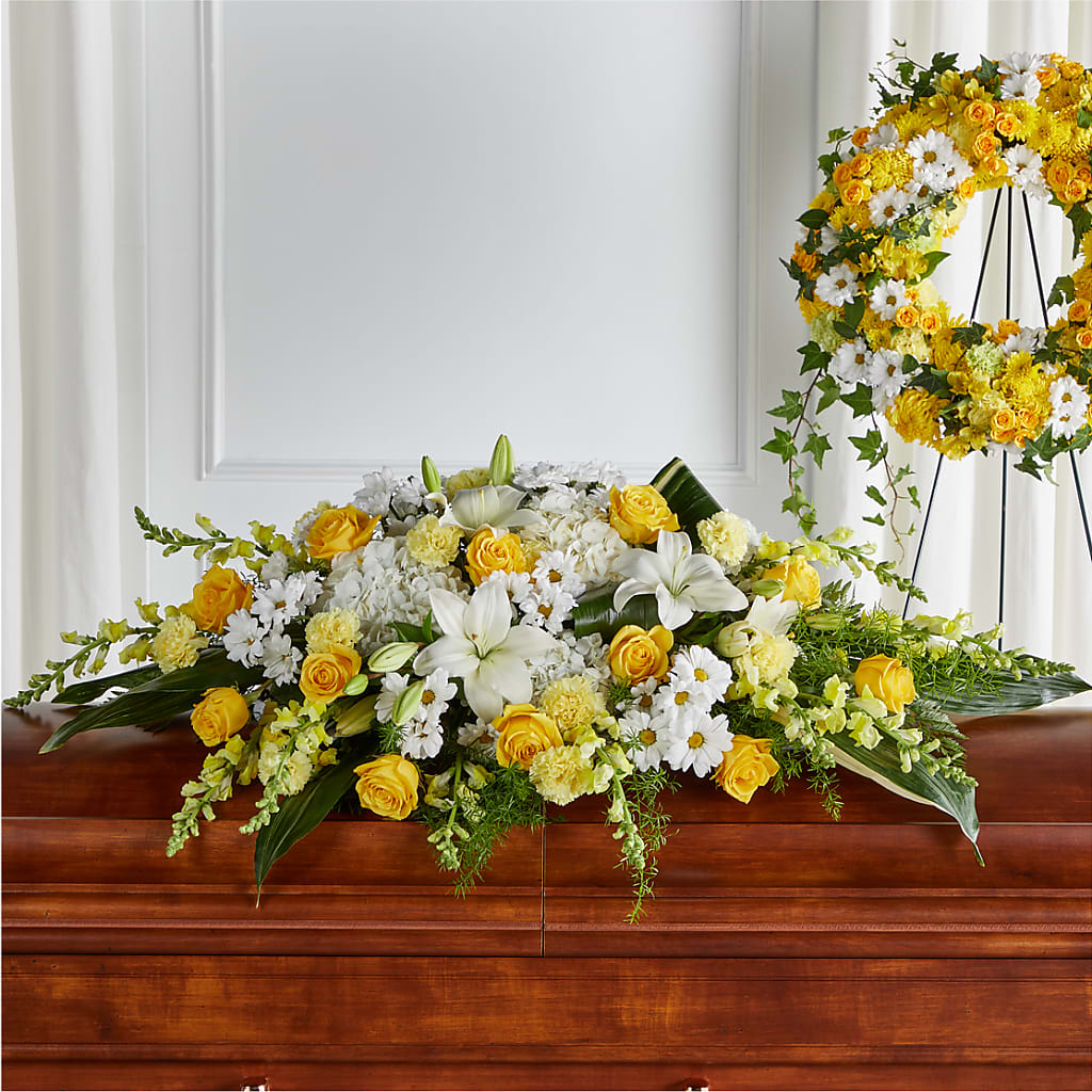 Golden Harmony Casket Spray – POTTING BENCH FLORIST & GIFTS, Fairhaven MA