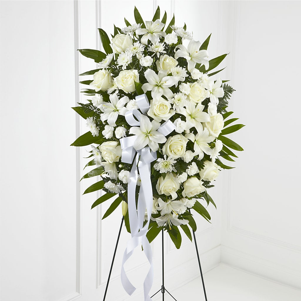 Exquisite Tribute Standing Spray-White Ribbon – POTTING BENCH FLORIST & GIFTS, Fairhaven MA