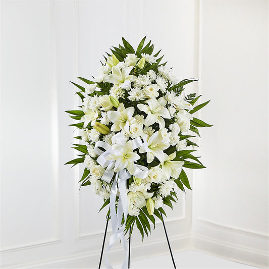 Exquisite Tribute Standing Spray-White Ribbon – POTTING BENCH FLORIST & GIFTS, Fairhaven MA
