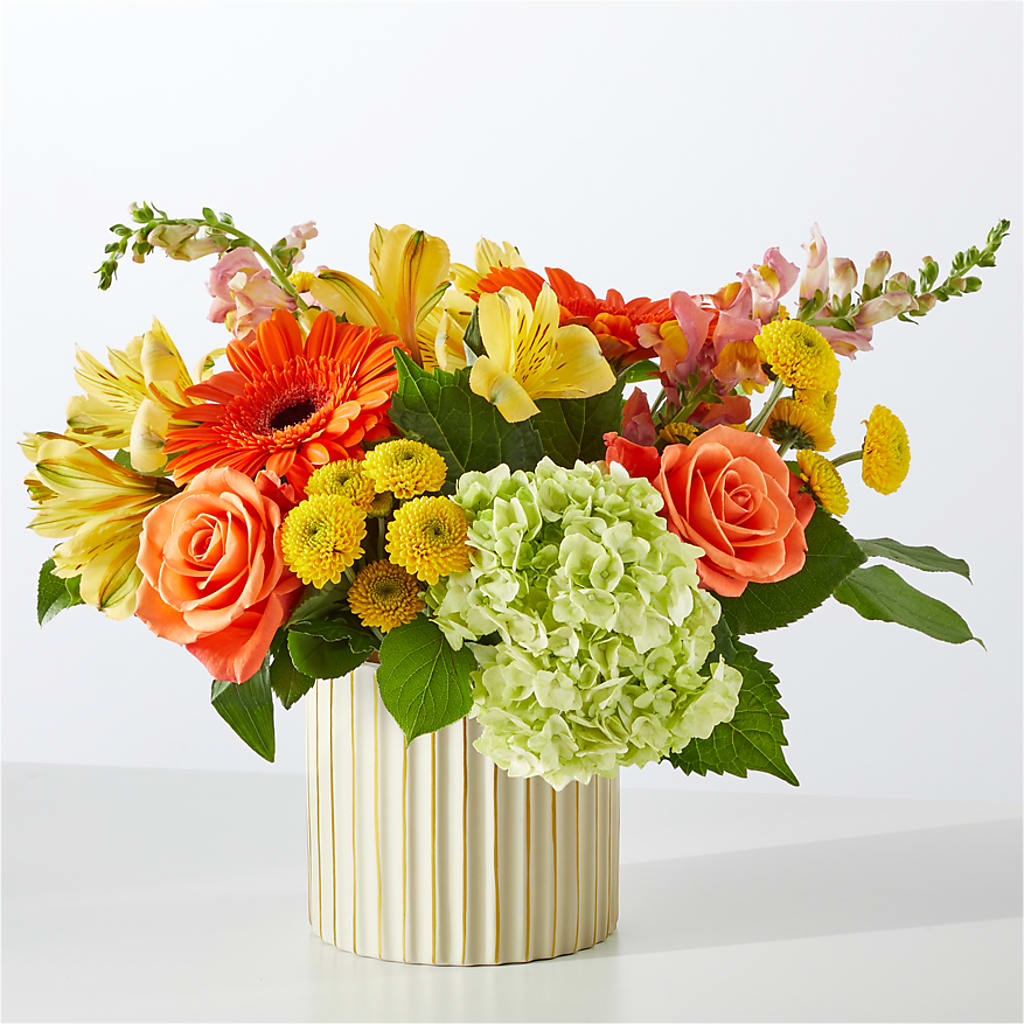 Autumn Sunshine Bouquet with Ivory Vase – POTTING BENCH FLORIST & GIFTS, Fairhaven MA