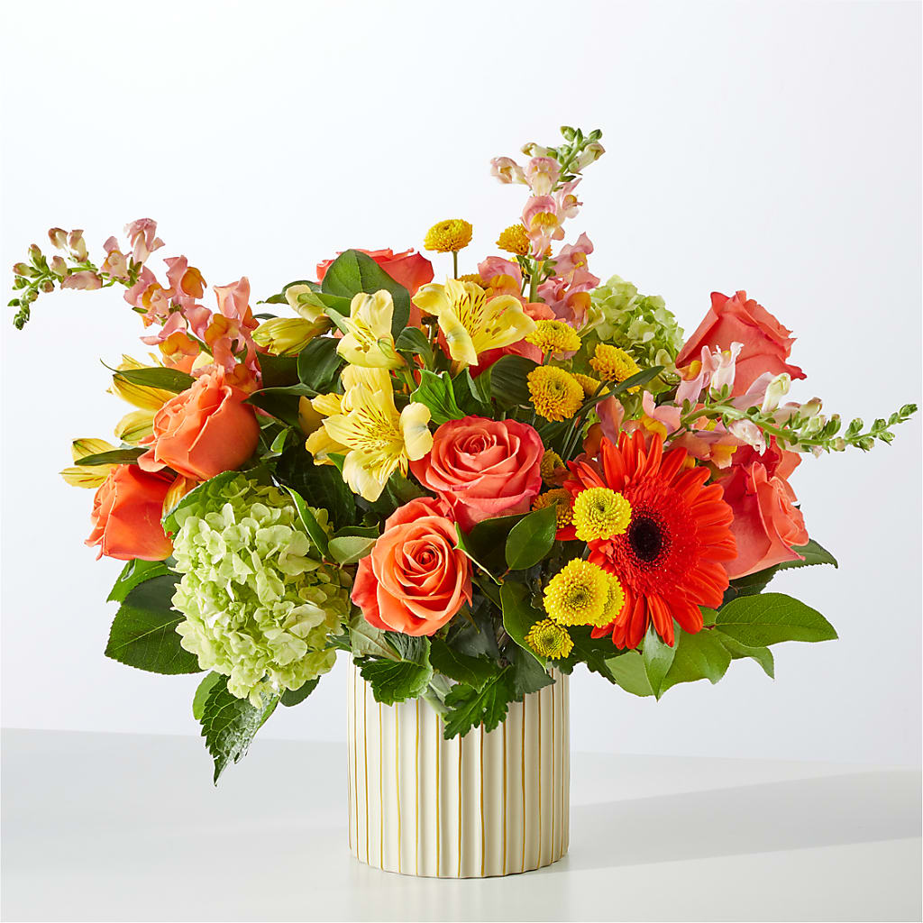 Autumn Sunshine Bouquet with Ivory Vase – POTTING BENCH FLORIST & GIFTS, Fairhaven MA