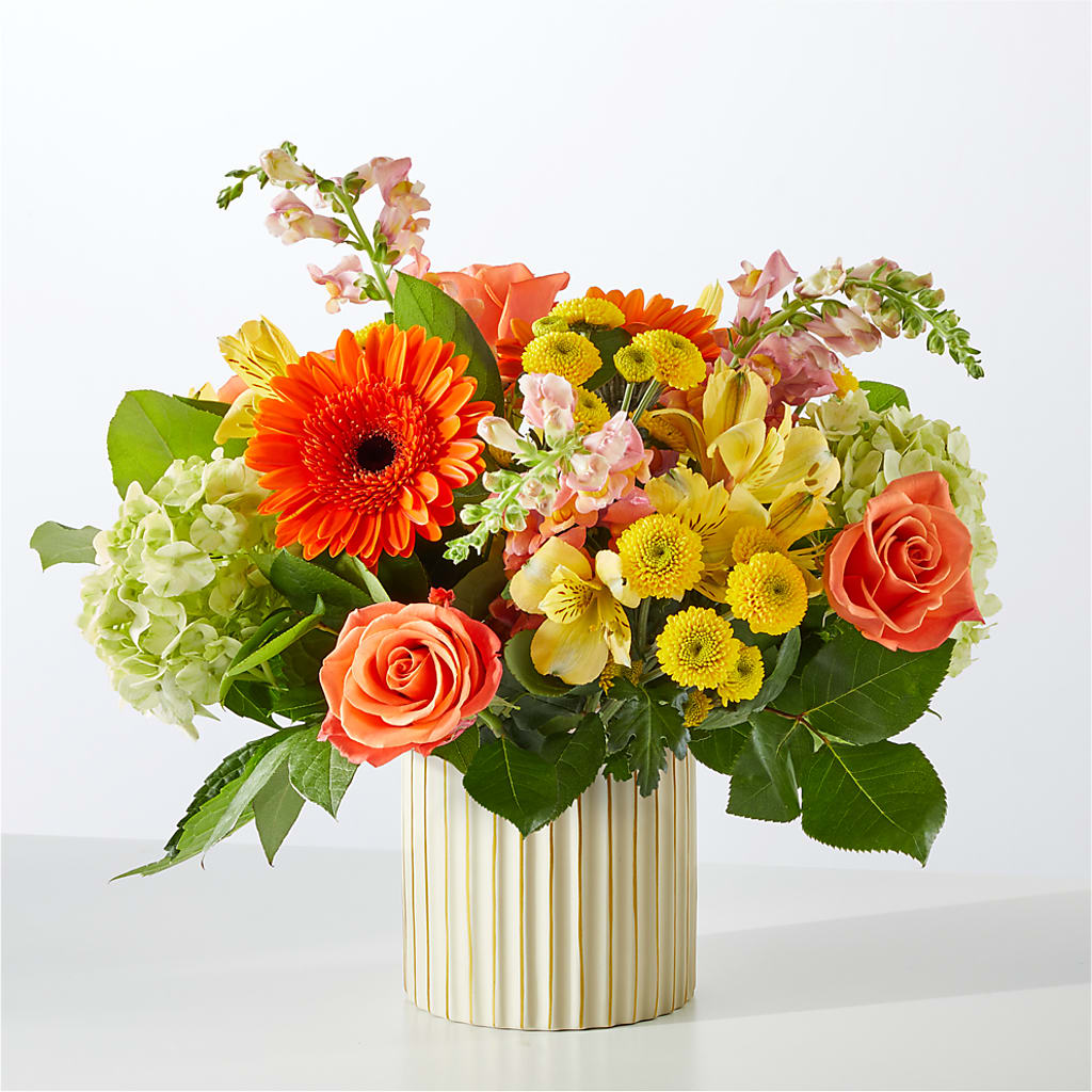 Autumn Sunshine Bouquet with Ivory Vase – POTTING BENCH FLORIST & GIFTS, Fairhaven MA