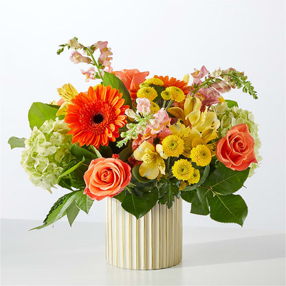 Autumn Sunshine Bouquet with Ivory Vase – POTTING BENCH FLORIST & GIFTS, Fairhaven MA